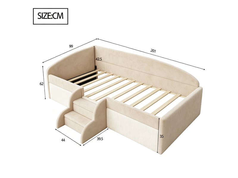  Lit enfant 90x190 cm avec escalier - lit rembourré multifonction avec barrières de sécurité - velours beige evarich - Conforama C