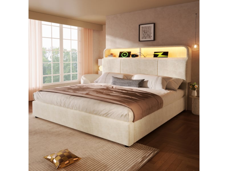  Lit double 180x200 cm - tête de lit avec rangement réglable, hydraulique, led usb-c, lattes incluses - sans matelas  - Conforama B