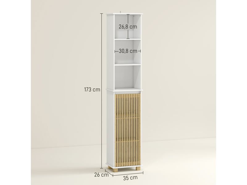  Colonne salle de bain, blanc, meuble salle de bain rangement avec porte à lattes en bambou et compartiments ouverts  - Conforama C