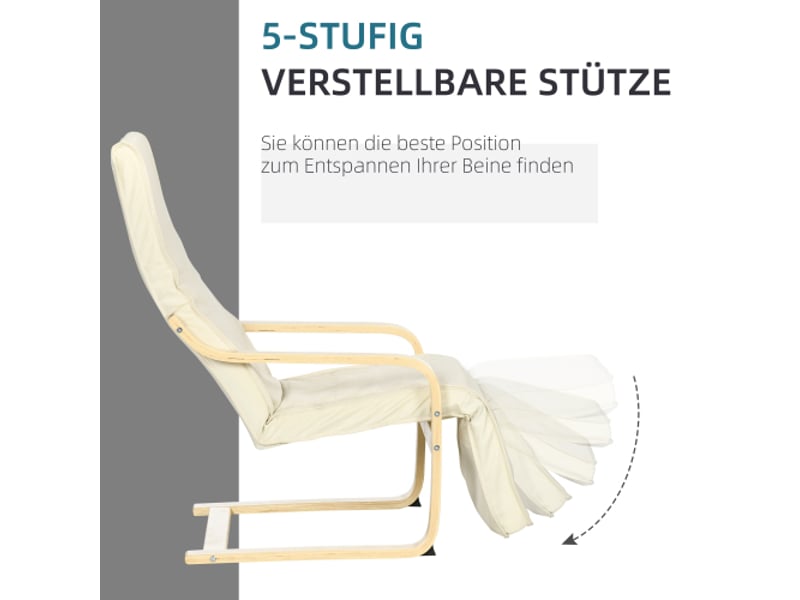  Fauteuil relax crème, repose-pieds réglable, aspect lin, bois de bouleau, 66,5x94x100 cm  - Conforama E