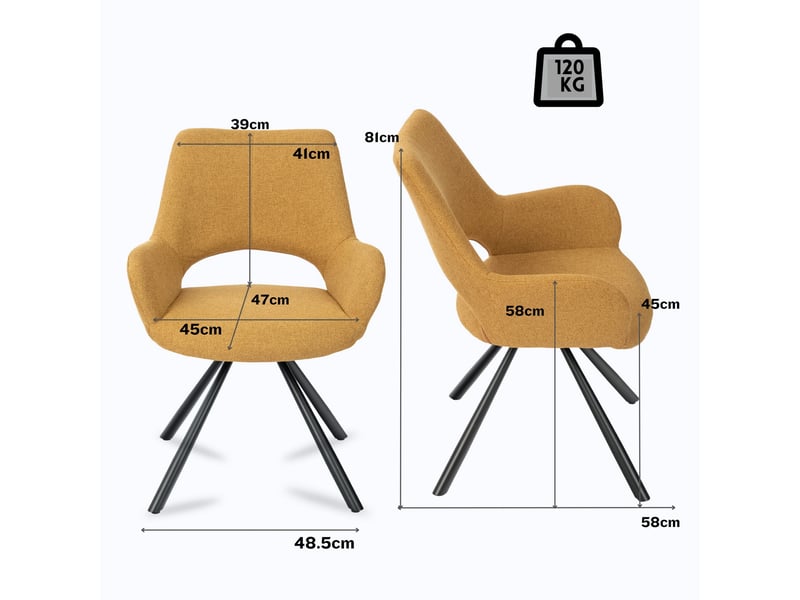  Lot de 6 chaise de salle à manger avec accoudoirs, pieds métal, jaune  - Conforama D