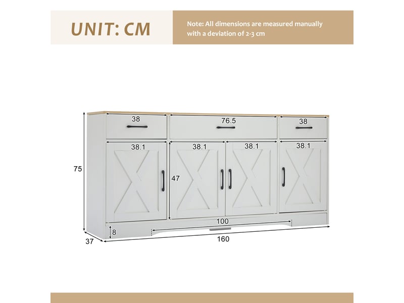Buffet étroit 160x37x75 cm, meuble de rangement salon avec 3 tiroirs profonds et 4 portes pour petits espaces - Conforama C