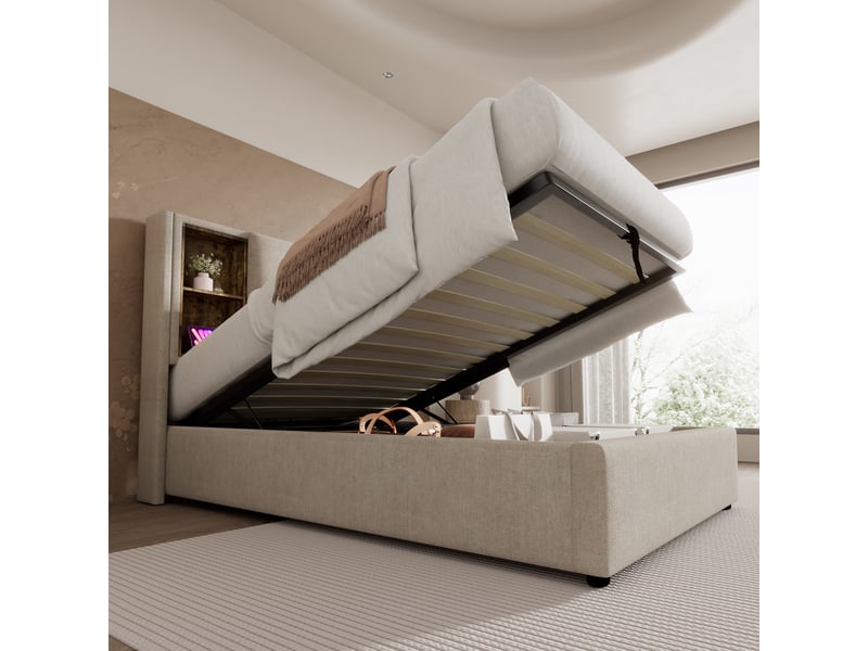  Lit coffre 1 place 90×200 cm en lin avec recharge sans fil, 2 ports usb et port type-c, matelas inclus, naturel  - Conforama C
