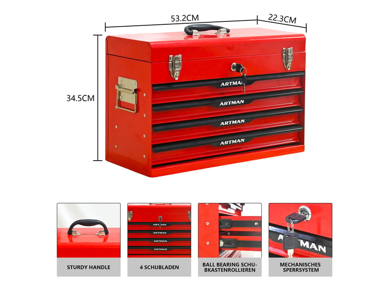  Boîte à outils en acier 53,2 x 22,3 x 34,5 cm rouge et noir, avec tiroirs et compartiment supérieur  - Conforama C
