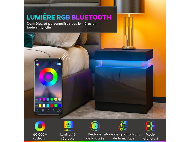  Table de chevet 45 x 35 x 52 cm éclairage led rvb ultra réglable 2 tiroirs design moderne en panneau de particules noir 21_0001560  - Conforama C