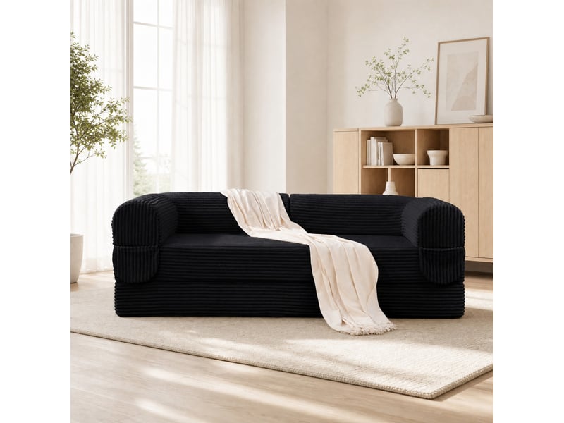  Canapé convertible 2 places en lit double  - format au sol, accoudoirs rembourrés, tissu côtelé - noir  - Conforama C
