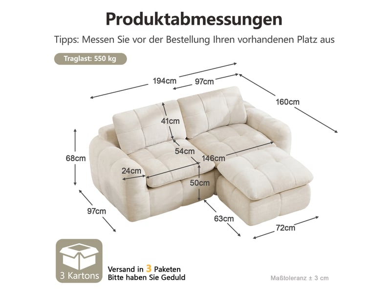 Canapé d’angle modulable 2 places modenvie avec repose-pieds, revêtement en chenille beige, 194 x 160 x 68 cm - Conforama C