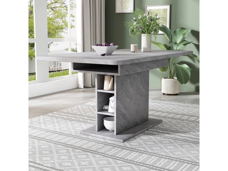Table à manger extensible, modèle rectangulaire avec rangement intégré, structure panneau de particules et métal, gris – 130 x 70 x 75 cm - Conforama E