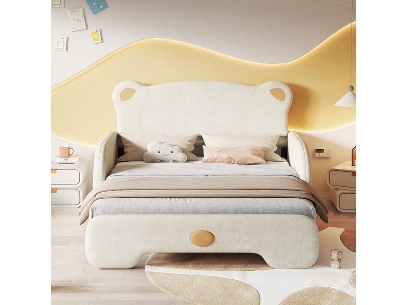  Lit enfant rembourré 140x200 cm en velours avec lit gigogne 140x105 cm, tête de lit ours, bords de protection doux - beige  - Conforama D