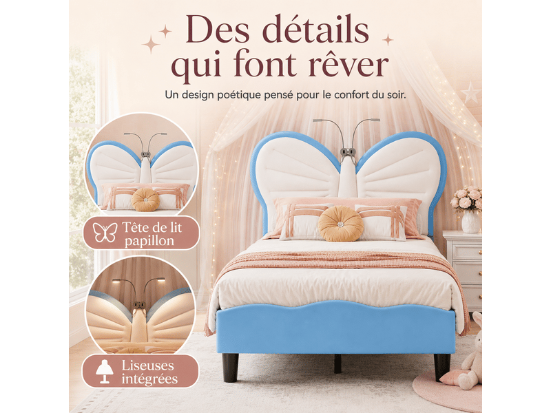 Lit enfant pour une fille 90x200 - sommier à lattes + liseuse + dossier rembourré - tête de lit réglable - 1 personne - lit fille 90x200cm avec led - lit enfant rembourré avec sommier à lattes - tête de lit réglable en papillon … - Conforama R