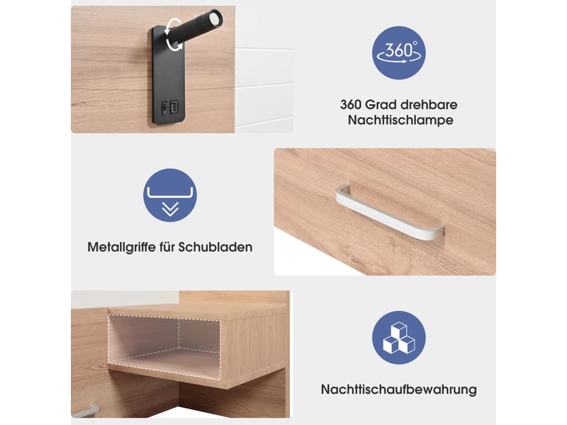  Cadre de lit, lit double 140x200 cm, 2 tiroirs, chevets intégrés, usb, matelas inclus, bois massif chêne blanc et clair  - Conforama R