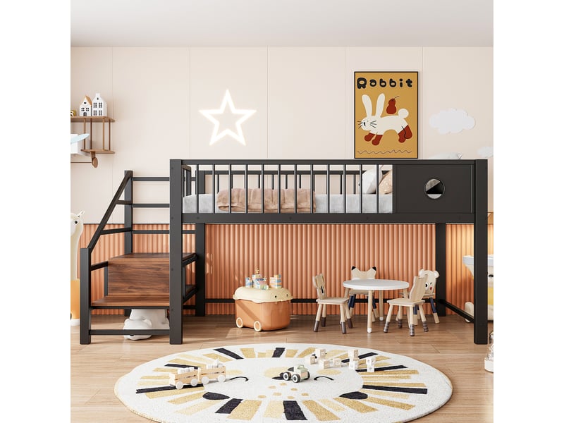 Lit mezzanine 90 x 200 cm, avec échelle de rangement, structure métallique robuste, noir - Conforama C