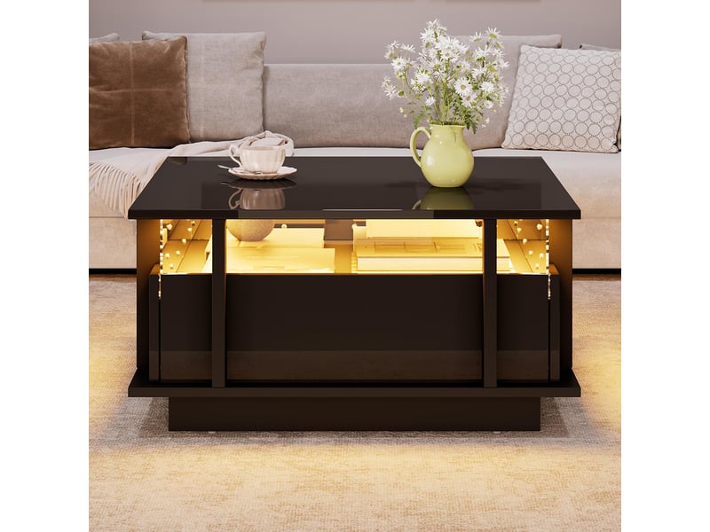  Table basse 70 x 70 x 35 cm, équipée de 2 tiroirs, d'un éclairage led et d'une cloison en acrylique transparent, noir  - Conforama B
