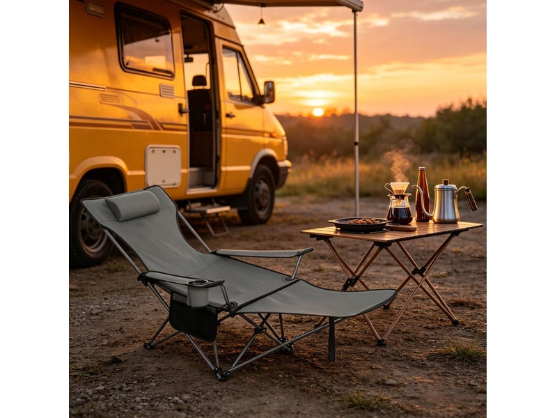Chaise pliante de camping 160x84x44 cm avec repose-pieds extensible métal gris - Conforama E