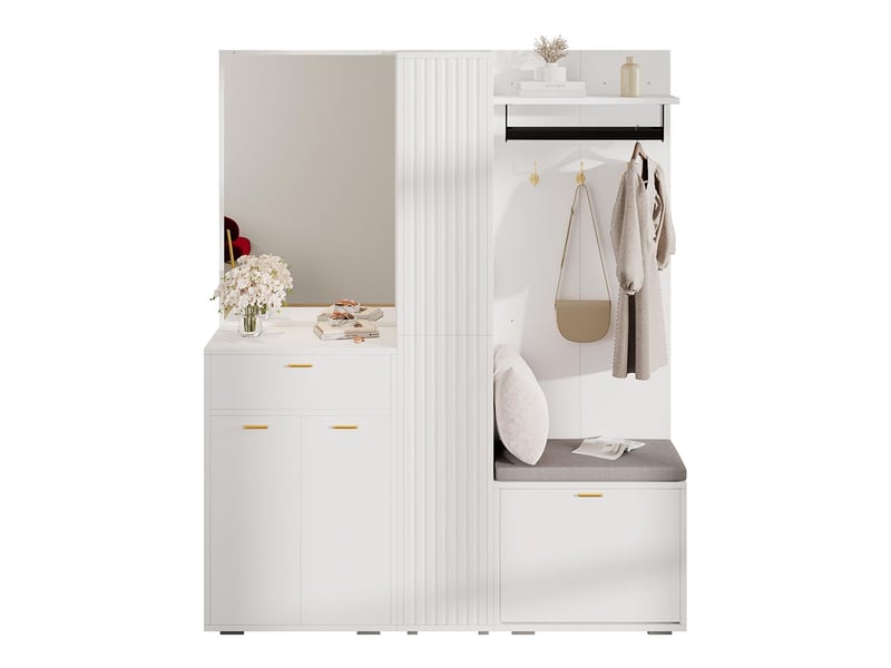 Vestiaire compact étroit avec miroir tringle à vêtements 3 portes étagère à chaussures basculante banc et tiroir blanc  - Conforama A