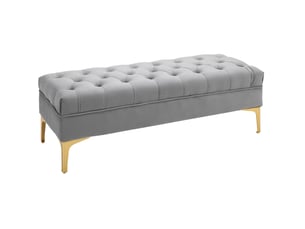 Banc de lit en velours gris clair 118 cm, assise capitonnée et pieds en métal doré pour chambre ou entrée