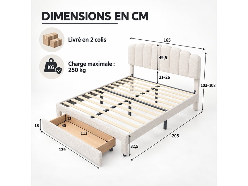  Lit double rembourré 160x200 cm avec tiroir, lit adulte avec rangement et ports usb, tête de lit coquillage réglable en hauteur, lit adulte avec sommier à lattes, beige  - Conforama C