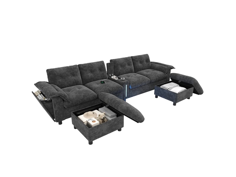 Canapé d'angle modulable - 6 places - forme l - rangements intégrés - éclairage led - usb et type-c - ottomans - pratique - gris CozyNest - Conforama A