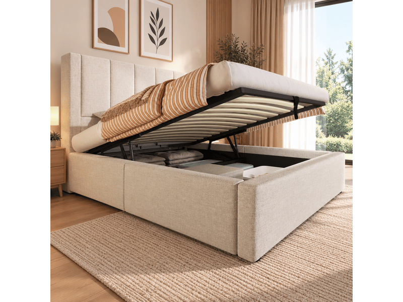 Lit coffre rembourré 90 x 200 cm, rangement hydraulique, porte-gobelet caché, station de recharge, sommier à lattes, revêtement en lin, beige Bliss Lite - Conforama D