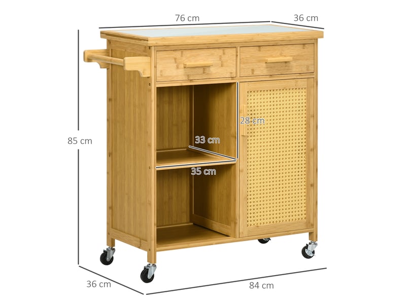  Chariot de cuisine avec 2 tiroirs, placard et roulettes - lpospi - plan en verre, bambou naturel - 84 × 36 × 85 cm  - Conforama D