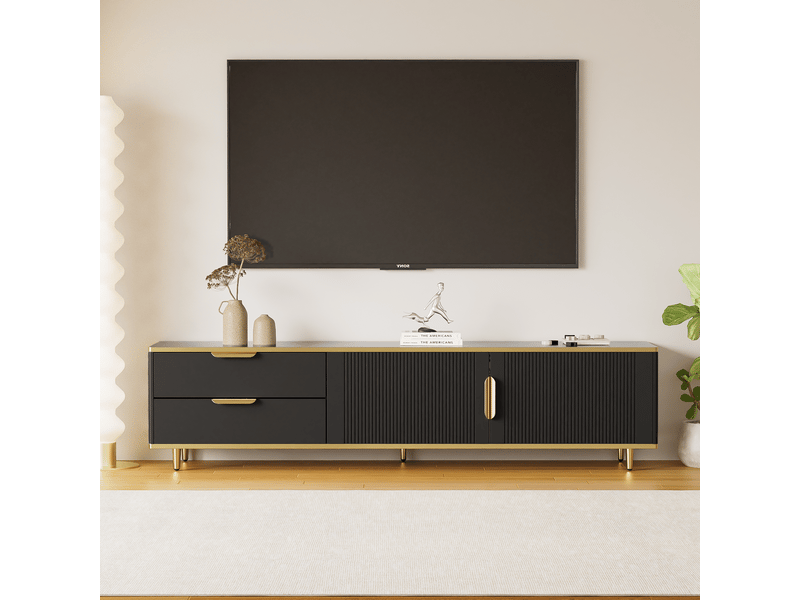  Meuble tv 175x40x45cm, meuble télé, 2 tiroirs de rangement, 2 portes avec texture sculptée, panneau de particules noir  - Conforama W