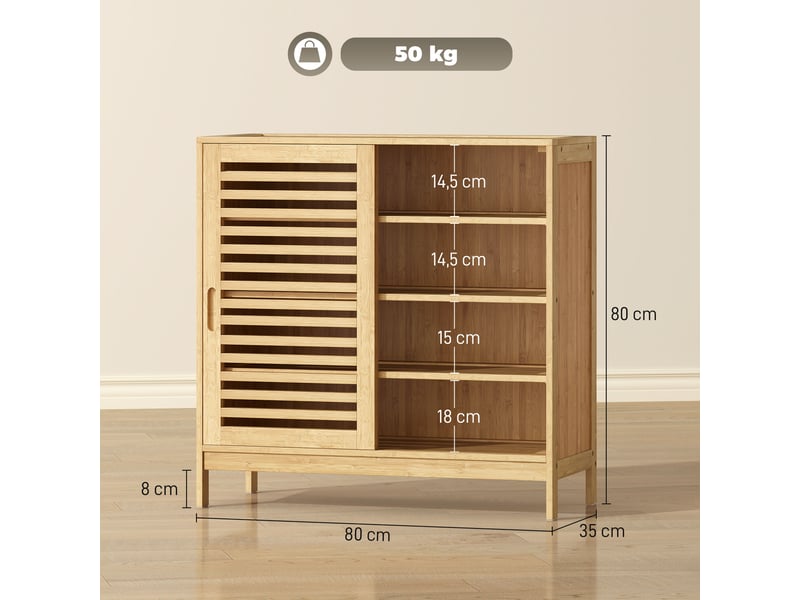  Meuble à chaussures en bambou 16 paires, armoire à chaussures, 2 portes coulissantes, étagères réglables, bois naturel  - Conforama D