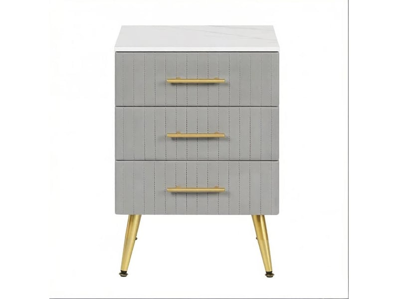  Table de chevet à 3 tiroirs en velours gris avec plateau effet marbre  - Conforama A