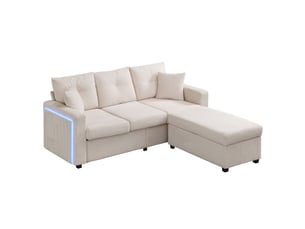 Canapé 3 places avec pouf modulable beige en velours côtelé