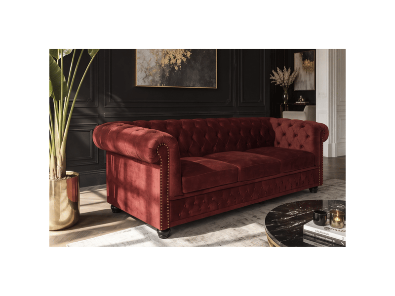  Canapé droit chesterfield edgar 3 places en velours capitonné – rouge rubis – 205 x 72 x 85 cm  - Conforama B