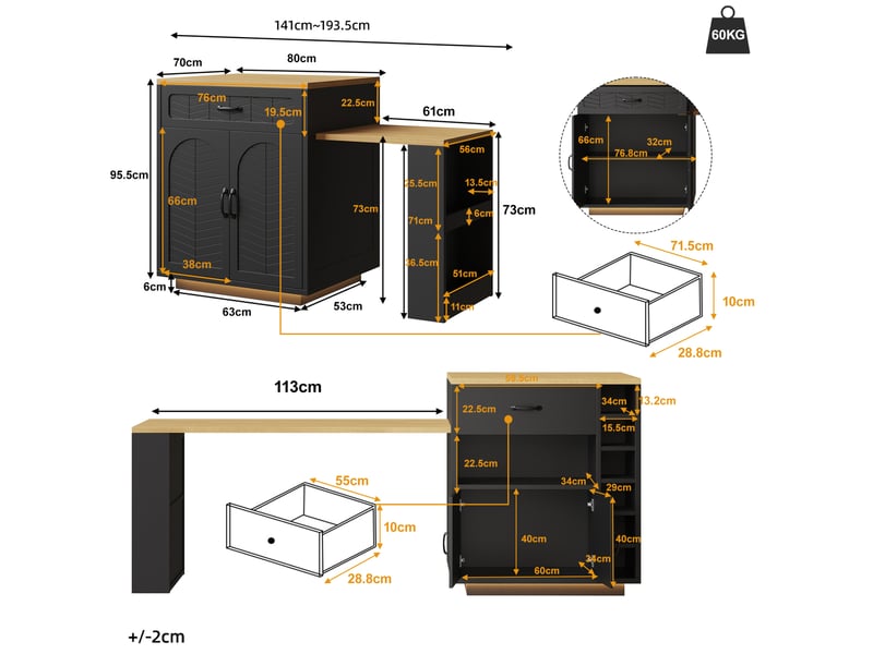  Îlot de cuisine 80 x 70 x 95,5 cm – noir – table extensible, rangements intégrés et bande led  - Conforama C