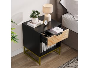 Table de chevet moderne 43x40x55 cm, 1 tiroir, 1 niche, meuble de chambre, pieds métal, mdf noir et naturel, moderne