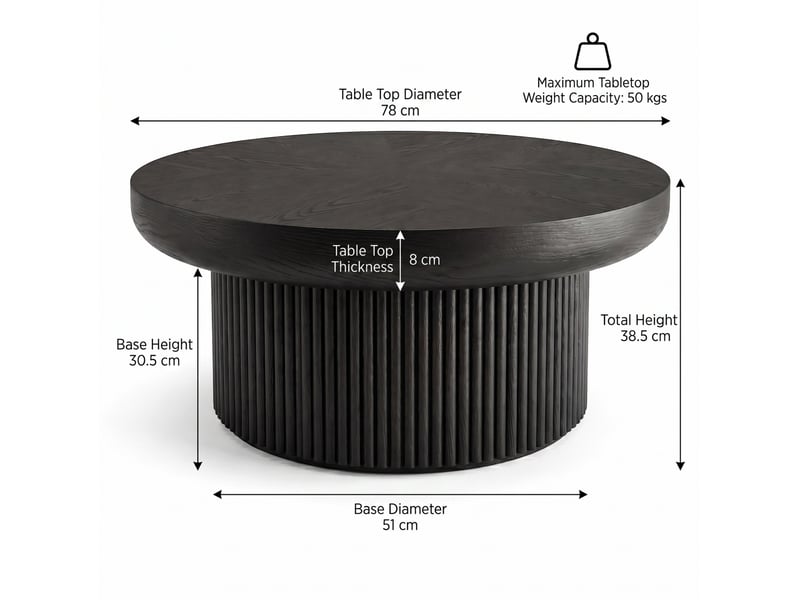  Table basse ronde 78 cm noire à plateau épais effet parquet et base cannelée  - Conforama C
