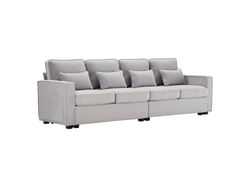 Canapé droit 4 places 264x83x87 cm avec poches de rangement et coussins, meuble de salon moderne, lin, gris  - Conforama A