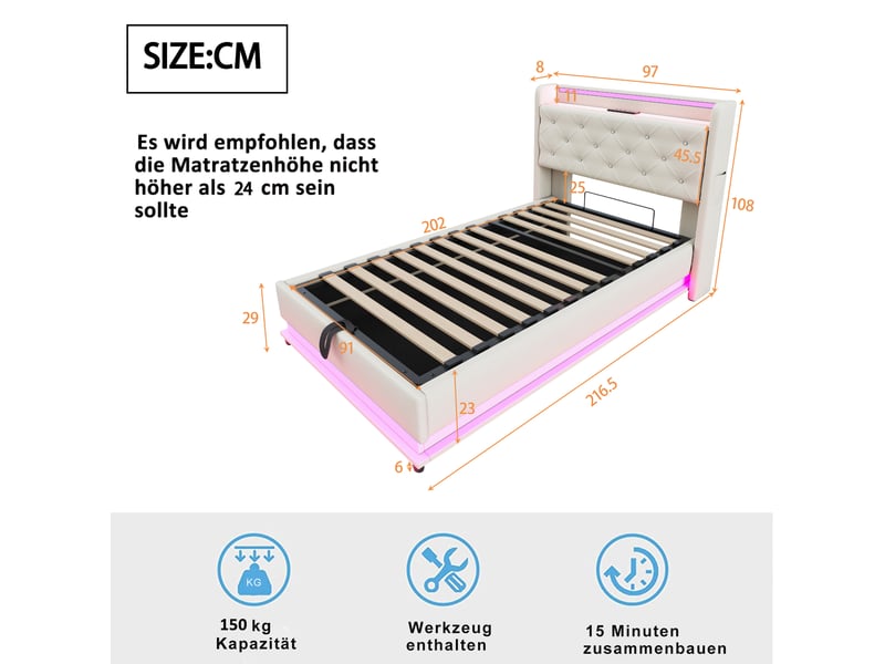 Lit enfant 90x200 cm en tissu beige, led multicolore, usb, tête de lit rabattable et coffre hydraulique - Conforama C