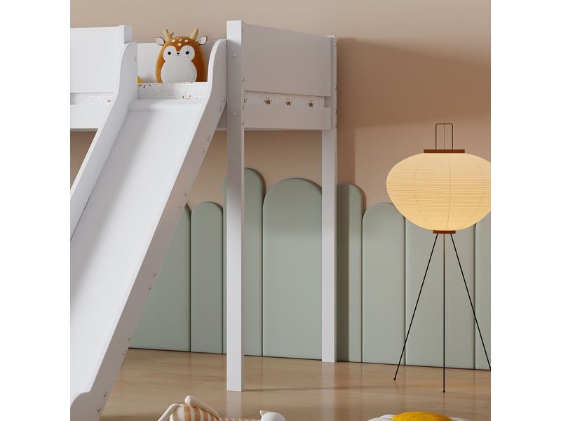 Lit mezzanine en pin et mdf, lit simple avec toboggan, échelle, étagère et barrières, 200×90 cm, sans matelas - Conforama E
