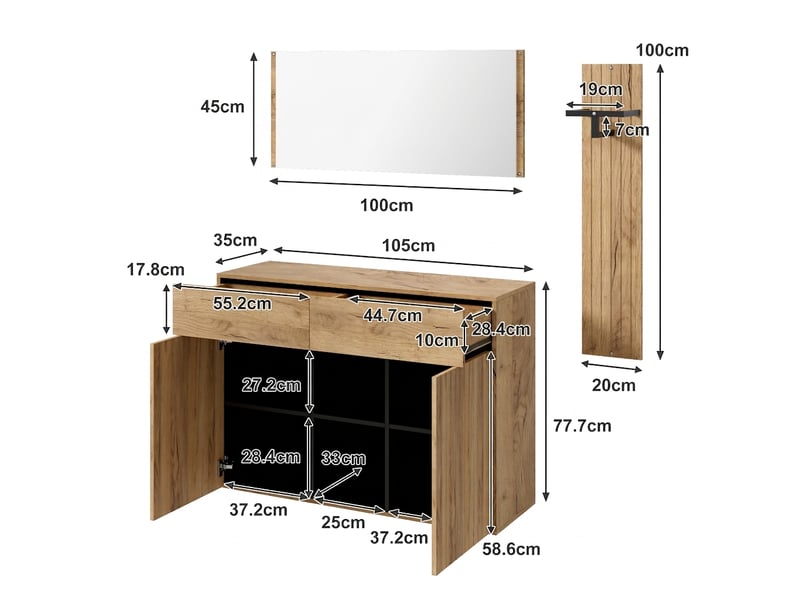  Vestiaire d'entrée aspect bois et noir avec miroir, meuble de couloir, 125x35x178 cm  - Conforama C
