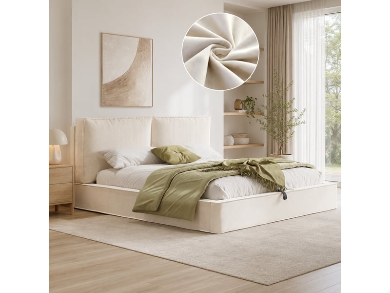  Lit coffre 180 x 200 cm, lit double avec rangement hydraulique, sommier à lattes, tête de lit rembourrée, velours beige  - Conforama D