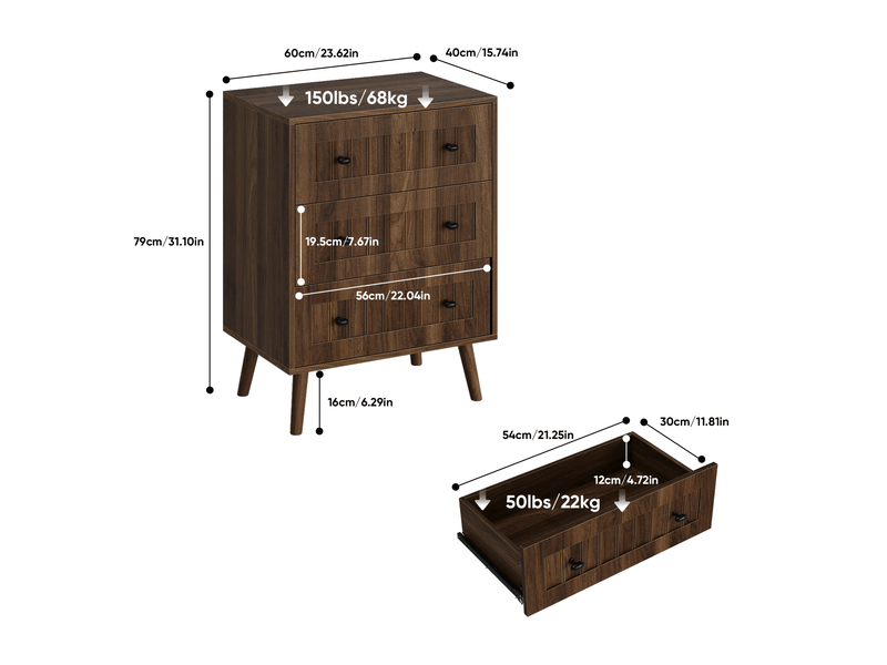  Commode 3 tiroirs 60x40x78 cm – noyer – façade rainurée, rangement compact pour chambre, salon ou entrée  - Conforama C