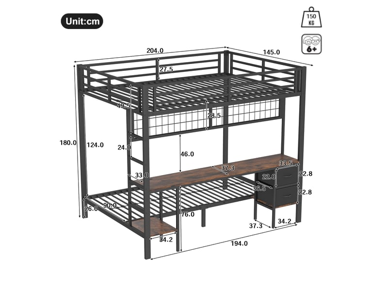 Lit mezzanine double 140×200 cm avec bureau, tiroirs, étagères, led et usb - sans matelas, métal - noir - Conforama D