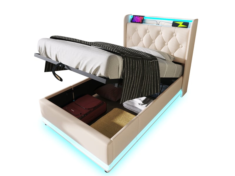  Modenvie lit coffre 90x200 cm - led 360, usb et usb-c, avec matelas inclus - blanc  - Conforama A