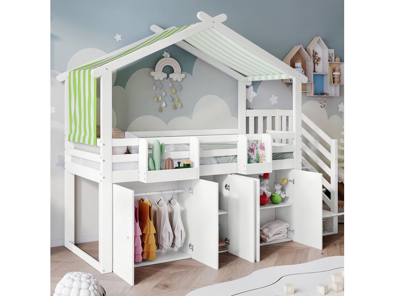  Lit superposé 90x200 cm avec toit, escalier de rangement et rangements intégrés, bois, blanc et vert, sans matelas  - Conforama D