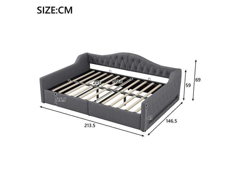 Lit jour avec rangement et bande led en mdf contreplaqué et tissu gris 140x200 - Conforama C