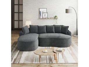 Canapé cloud en l sans cadre en chenille gris, assise extra profonde, méridienne, larges accoudoirs, coussins inclus