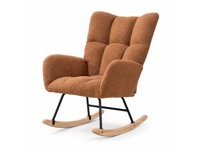  Fauteuil à bascule teddy marron, fauteuil rocking‑chair ergonomique avec dossier haut et accoudoirs rembourrés, base en bois massif, chaise de relaxation pour salon, chambre et chambre bébé  - Conforama A