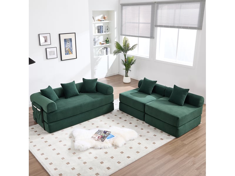 Canapé modulaire 4 places avec couchage d’appoint et poche latérale en velours côtelé vert émeraude 270 × 180 × 64 cm - Conforama A