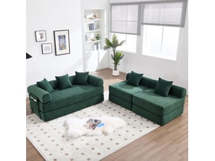 Canapé modulaire 4 places avec couchage d’appoint et poche latérale en velours côtelé vert émeraude 270 × 180 × 64 cm