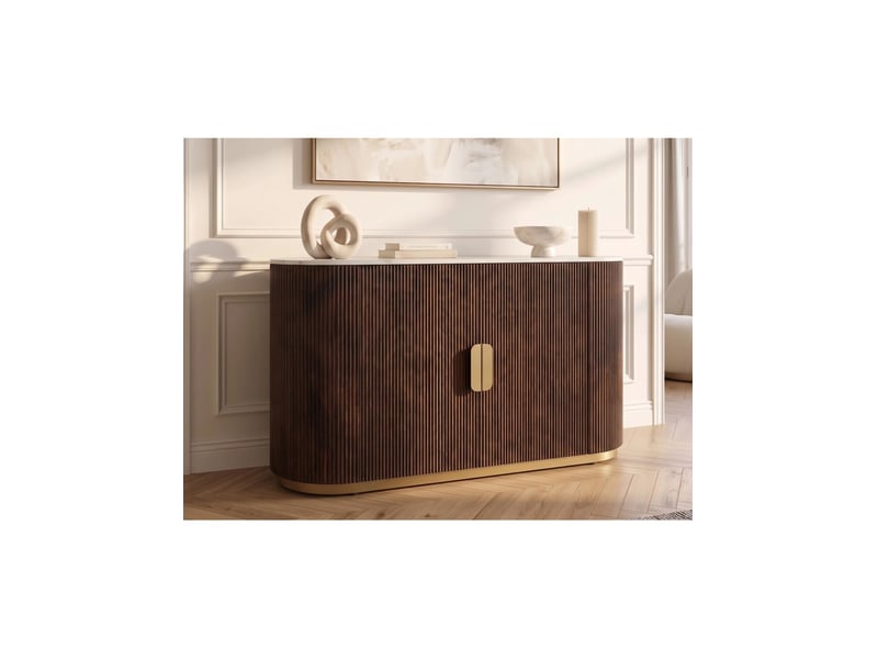  Buffet orion 120 cm en bois massif de manguier et marbre blanc – 2 portes – marron, blanc et doré  - Conforama B