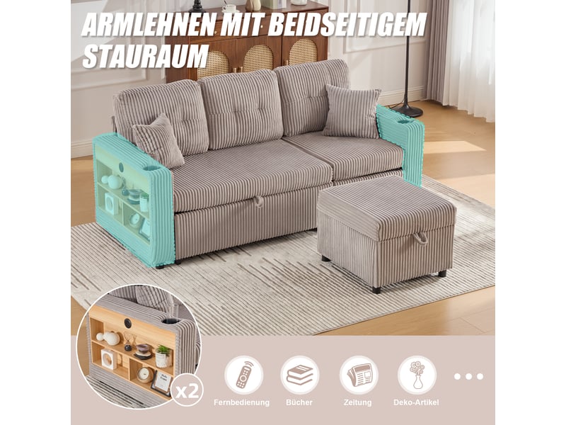  Canapé de salon, canapé velours – en velours tricoté, avec rangement, porte-gobelets, avec accoudoirs, lit gigogne, port usb  - Conforama A