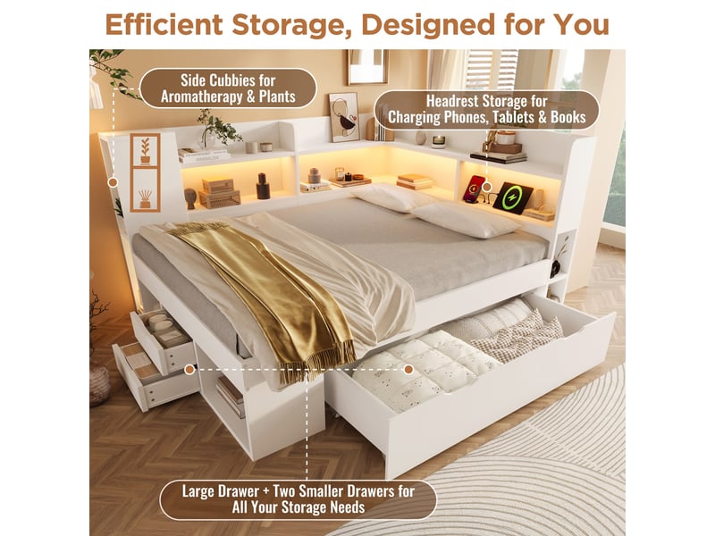  Lit banquette 140x200 cm, tiroirs, éclairage led, usb et usb-c, sommier à lattes, étagères, grand rangement pour chambre - blanc  - Conforama D