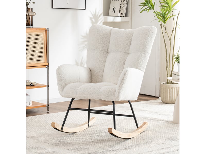 Fauteuil à bascule avec pouf réglable, assise rembourrée et structure en bois d’hévéa, en tissu bouclette blanc - Conforama C
